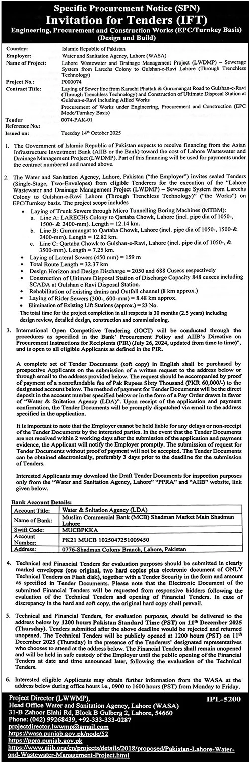 Water & Sanitation Department Lahore Tender Notice